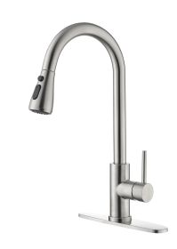 Single Handle High Arc Pull Out Kitchen Faucet; Single Level Stainless Steel Kitchen Sink Faucets with Pull Down Sprayer (Color: Brushed Nickel)